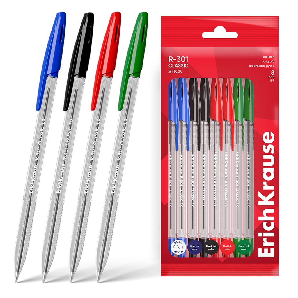 ERICHKRAUSE BALLPOINT PENS R-301 STICK CLASSIC 1.0 8PCS PACK (2 BLUE/2BLACK/2RED/2GREEN) 60993